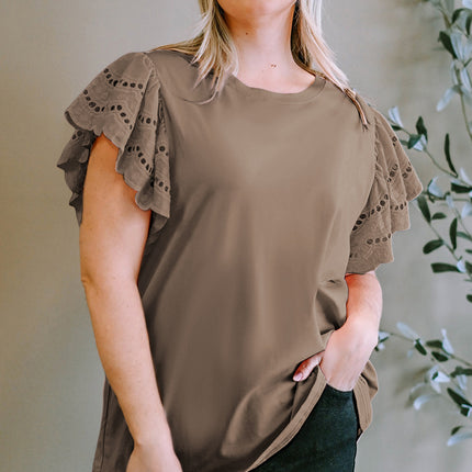 Plus Size Eyelet Round Neck Short Sleeve Blouse