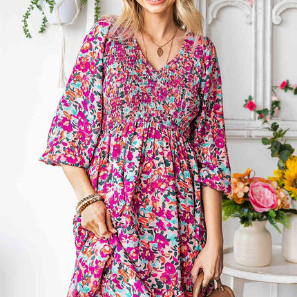 Floral Smocked V-Neck Flounce Sleeve Dress