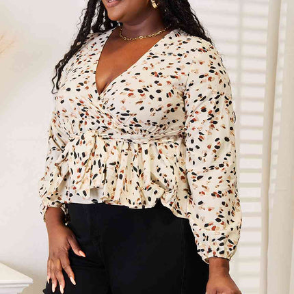 Double Take Printed Tied Plunge Peplum Blouse - Vickie Lynn's