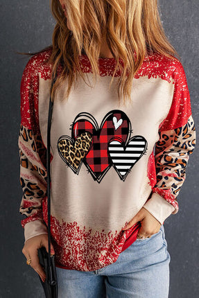 Heart Leopard Round Neck Sweatshirt - Vickie Lynn's