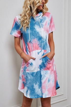 Tie-Dye Short Sleeve Hooded Dress