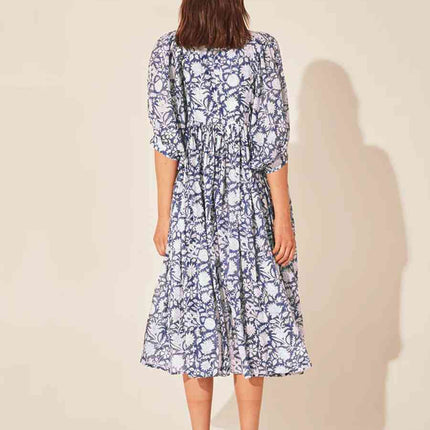 Floral Tie Neck Lantern Sleeve Dress
