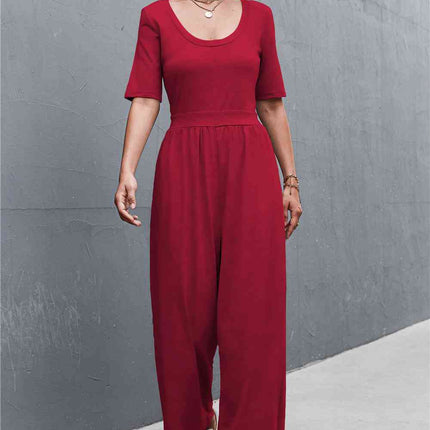 Scoop Neck Half Sleeve Wide Leg Jumpsuit