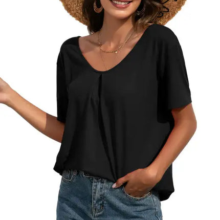 Camiseta casual de manga corta con cuello en V y encaje para mujer 