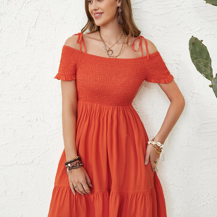 Smocked Spaghetti Strap Short Sleeve Dress