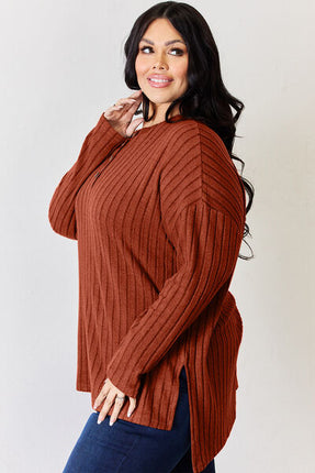Basic Bae Full Size Ribbed Half Button Long Sleeve High-Low T-Shirt - Vickie Lynn's