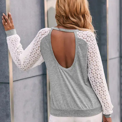 Hollow Lace Panel Long Sleeve Crew Neck Open Back T-Shirt