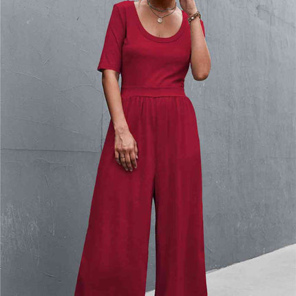 Scoop Neck Half Sleeve Wide Leg Jumpsuit