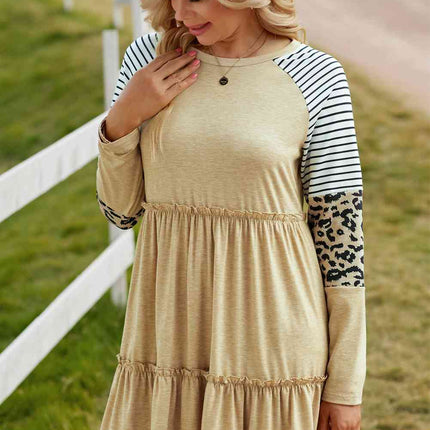 Mixed Print Frill Trim  Long Sleeve Dress