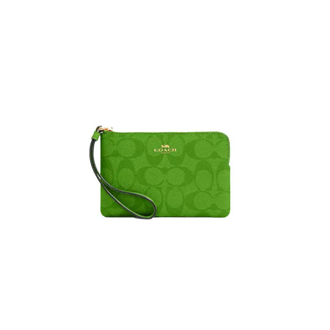 NEW Coach Green Corner Zip Wristlet Monogram Signature Canvas Pouch Clutch Bag