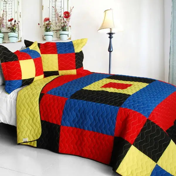 [Sea Center ] 3PC Vermicelli-Quilted Patchwork Quilt Set (Full/Queen Size)