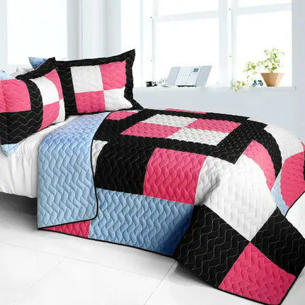 [Modern Pink] 3PC Vermicelli - Quilted Patchwork Quilt Set (Full/Queen Size)