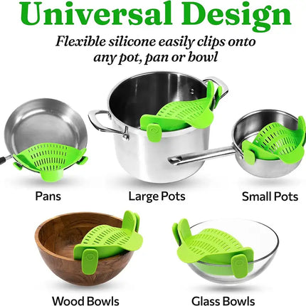 Kitchen Snap N Strain Pot Strainer and Pasta Strainer - Adjustable Silicone Clip On Strainer for Pots, Pans, and Bowls - Gray
