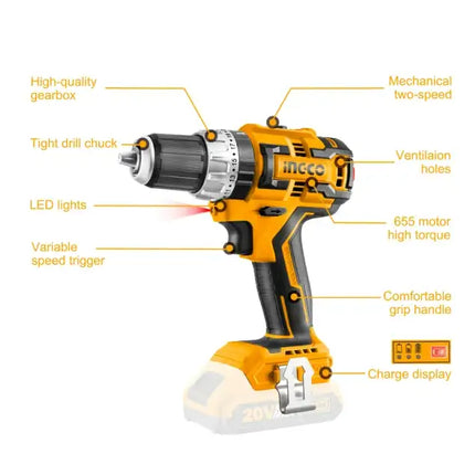 INGCO 20V Cordless Impact Drill;  Power Electric Drill Tools Brushless Drill Driver  (Tool Only) CIDLI20608A1