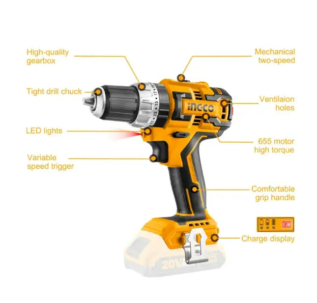 Taladro de impacto inalámbrico INGCO de 20 V; Herramientas de taladro eléctrico eléctrico Taladro atornillador sin escobillas (solo herramienta) CIDLI20608A1