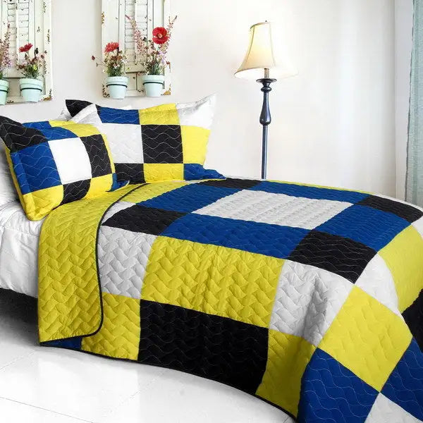 [Little Smile] Vermicelli-Quilted Patchwork Geometric Quilt Set Full/Queen