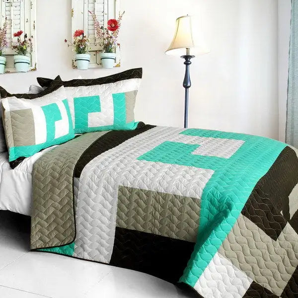 [Tetris - B] Vermicelli-Quilted Patchwork Geometric Quilt Set Full/Queen