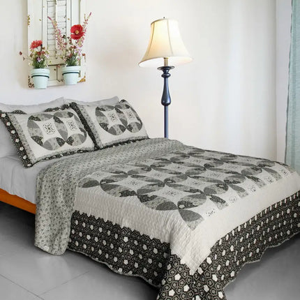 [Francesca] Cotton 3PC Vermicelli-Quilted Printed Quilt Set (Full/Queen Size)