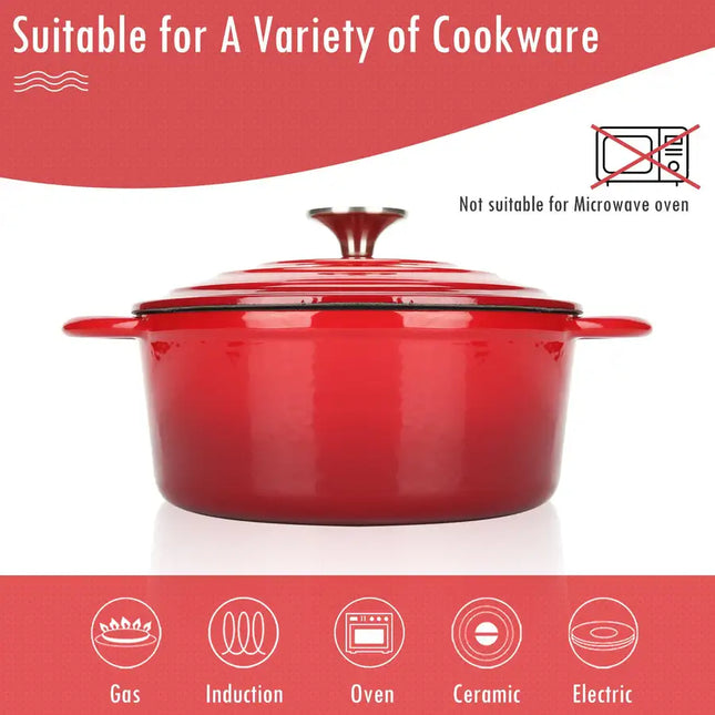 COOKWIN 5 Quart Cast Iron Dutch Oven ,Bread Baking Pot with Self Basting Lid, Porcelain Enameled Surface Cookware Pot, Great Christmas Gifts for Family, Red