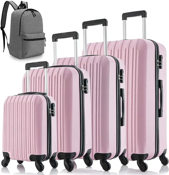 5 Piece Set Luggage Sets Suitcase ABS Hardshell Lightweight Spinner Wheels (16/20/24/28 inch) Pink