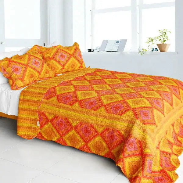 [Burning Flame] Cotton 3PC Vermicelli-Quilted Striped Patchwork Quilt Set (Full/Queen Size)