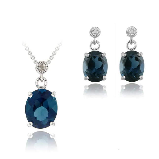 Sterling Silver 10.8ct London Blue Topaz &amp; Diamond Accent Oval Pendant Earrings Set