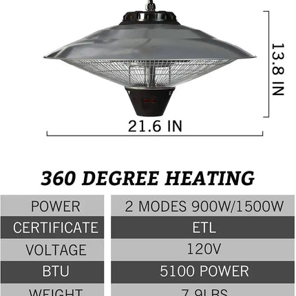 Electric Patio Heater Ceiling Mounted or Hanging Infrared Heater, Waterproof IP24