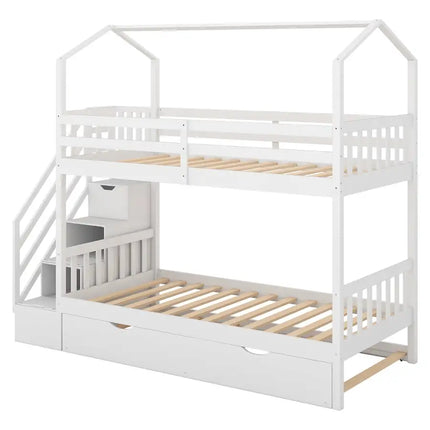 Multifunctional Twin over Twin House Bunk Bed with Staircase and Storage Space