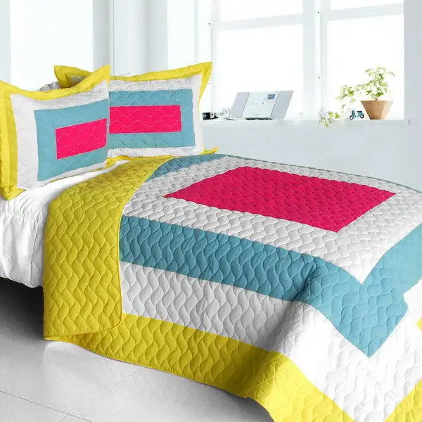 [Moon's Passion] Vermicelli-Quilted Patchwork Geometric Quilt Set Full/Queen