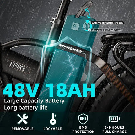 750w Electric Bike 20'x4.0 'Fat Tire Foldable  48V 18Ah Battery;  Dual Shock Absorber Shimano 7 Speed