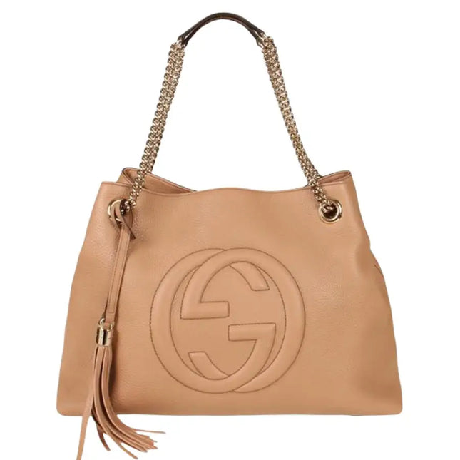 NEW Gucci Beige Pebbled Leather Medium Soho Chain Tote Shoulder Bag