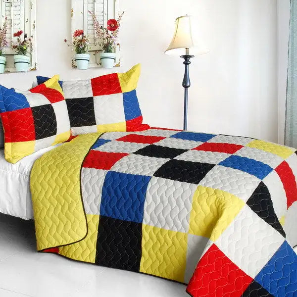 [Delicate Plaid - C] Vermicelli-Quilted Patchwork Plaid Quilt Set Full/Queen