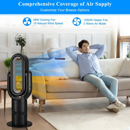 HealSmart 26-inch Space Heater Bladeless Tower Fan; Heater &amp; Coolingn Combo; with Remote Control; for Home Air Conditioner; black