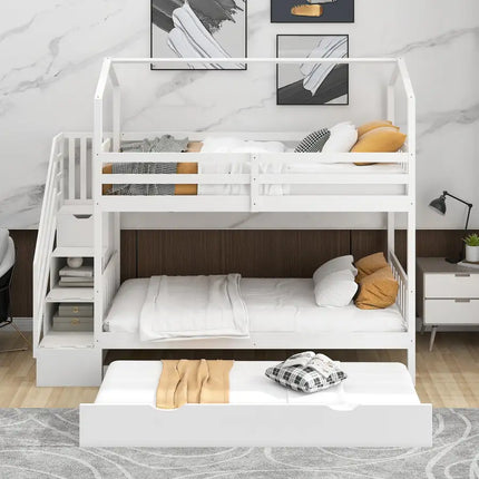 Multifunctional Twin over Twin House Bunk Bed with Staircase and Storage Space