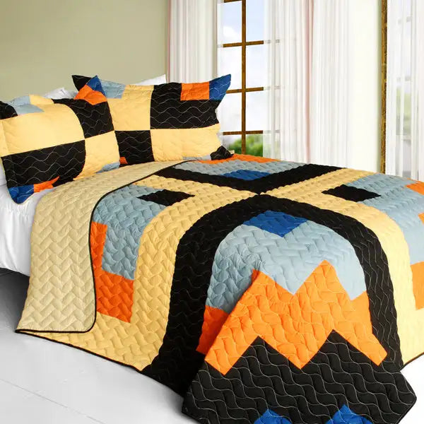 [Travel with Wedding Dress] 3PC Vermicelli-Quilted Patchwork Quilt Set (Full/Queen Size)