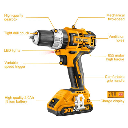 INGCO 20V Cordless Impact Drill, Power Electric Drill Tools Brushless Drill Driver 530 In-lbs 1/2" Keyless Chuck 2-Variable Speed with Battery and Charger CIDLI20608A1