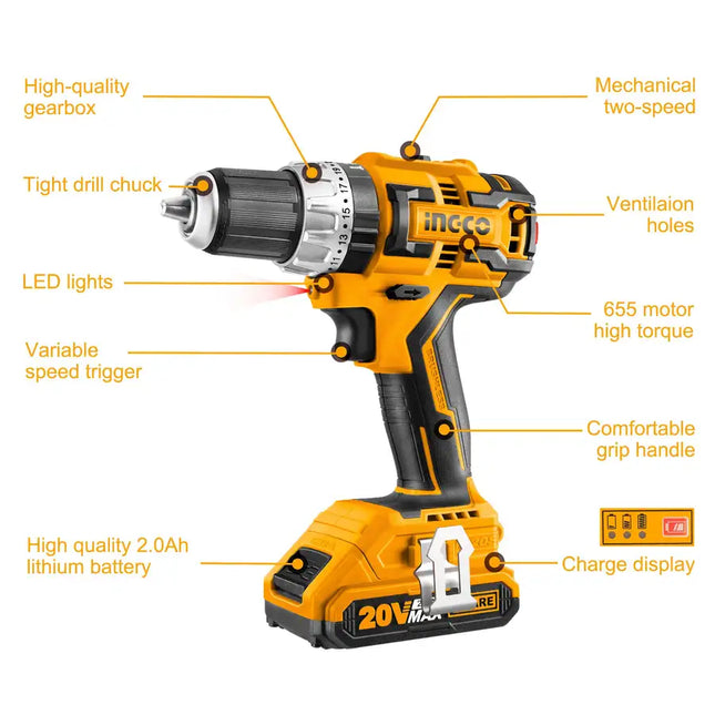 INGCO Taladro de impacto inalámbrico de 20 V, herramientas de taladro eléctrico eléctrico, taladro sin escobillas, 530 in-lbs, portabrocas sin llave de 1/2", 2 velocidades variables con batería y cargador CIDLI20608A1