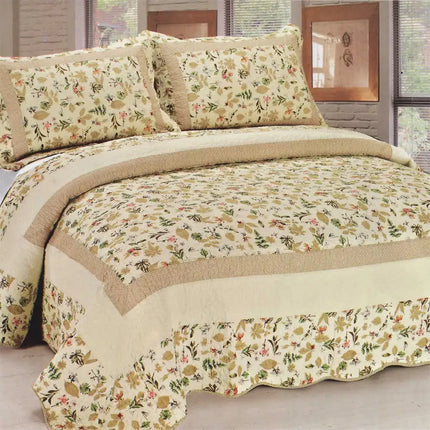 [Felicity] Cotton 3PC Floral Vermicelli-Quilted Printed Quilt Set (Full/Queen Size)