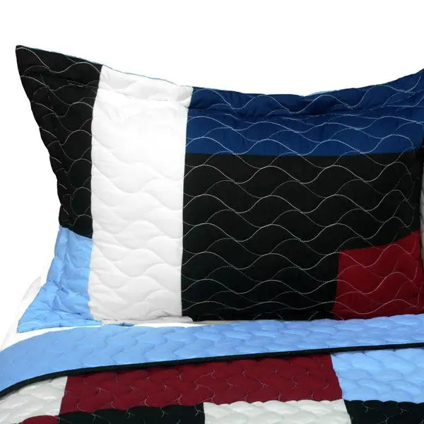 [Blue Coral] 3PC Vermicelli - Quilted Patchwork Quilt Set (Full/Queen Size)