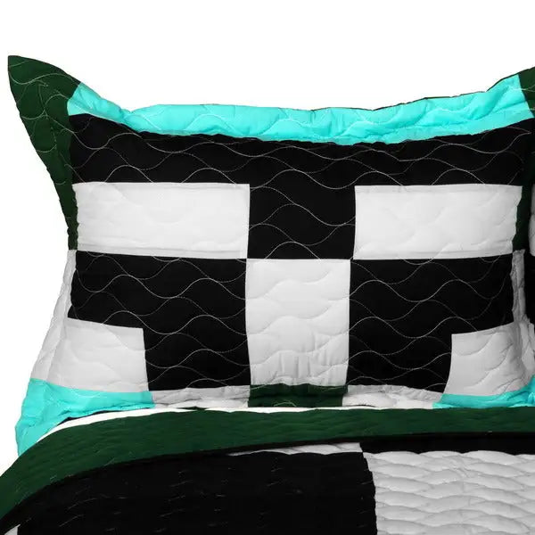 [Pearl Turquoise] 3PC Vermicelli - Quilted Patchwork Quilt Set (Full/Queen Size)