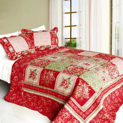 [Chinese Wedding] Cotton 3PC Vermicelli-Quilted Striped Printed Quilt Set (Full/Queen Size)