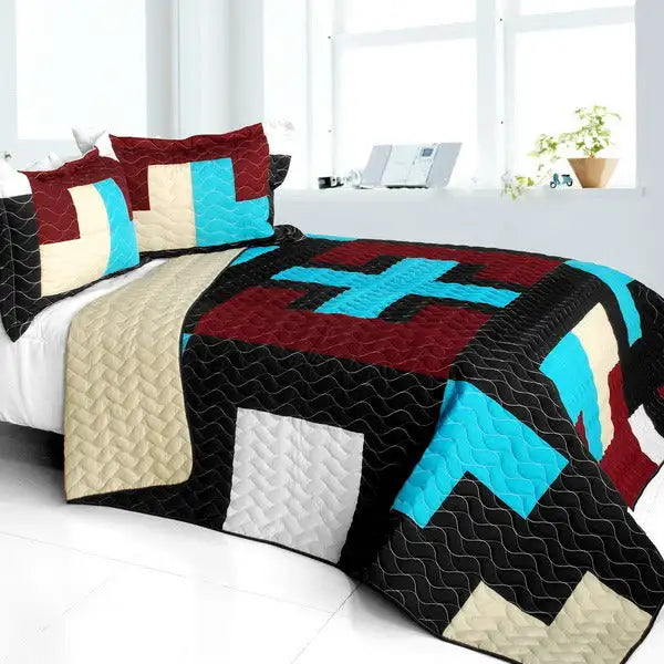 [Mysterious Nocturne] 3PC Vermicelli-Quilted Patchwork Quilt Set (Full/Queen Size)