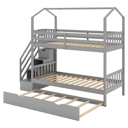 Multifunctional Twin over Twin House Bunk Bed with Staircase and Storage Space
