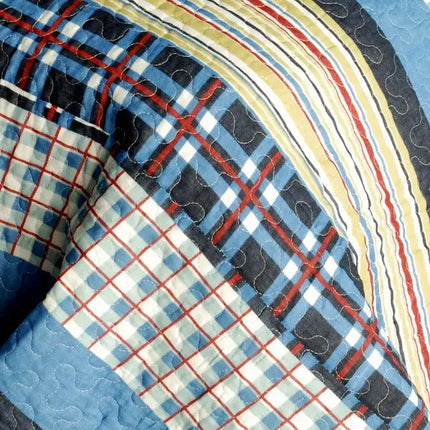 [Mr. Curiosity] Cotton 3PC Vermicelli-Quilted Striped Printed Quilt Set (Full/Queen Size)