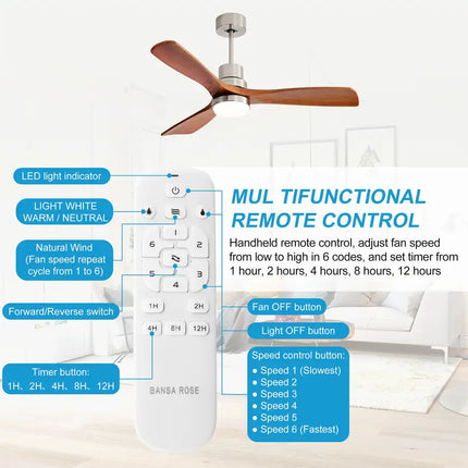 Ceiling Fan with Lights; 52" Ceiling Fan with Remote Control; Noiseless Reversible DC Motor and 3 Wood Blades; Timer; 6 Speed for Patio Bedroom; Office; Light Brown