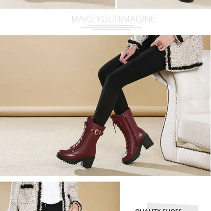 2022 Winter Leather Women Winter Boots Thick Wool Warm Women High-heeled Genuine Boot High-quality Female Snow Boots Women Shoes
