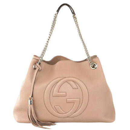 NEW Gucci Beige Pebbled Leather Medium Soho Chain Tote Shoulder Bag