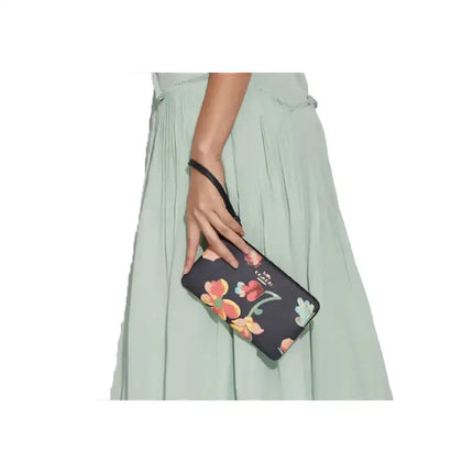 NEW Coach Black Large Corner Zip Dreamy Land Floral Print Canvas Wristlet Clutch Bag