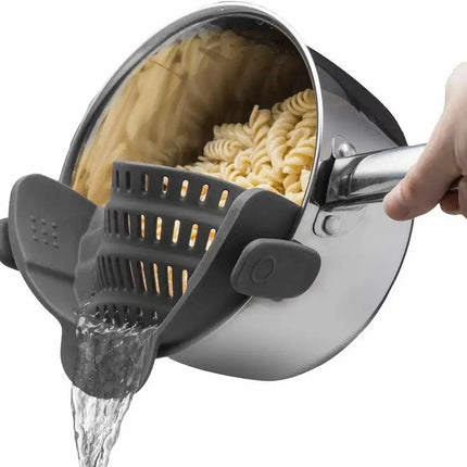 Kitchen Snap N Strain Pot Strainer and Pasta Strainer - Adjustable Silicone Clip On Strainer for Pots, Pans, and Bowls - Gray
