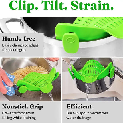 Kitchen Snap N Strain Pot Strainer and Pasta Strainer - Adjustable Silicone Clip On Strainer for Pots, Pans, and Bowls - Gray